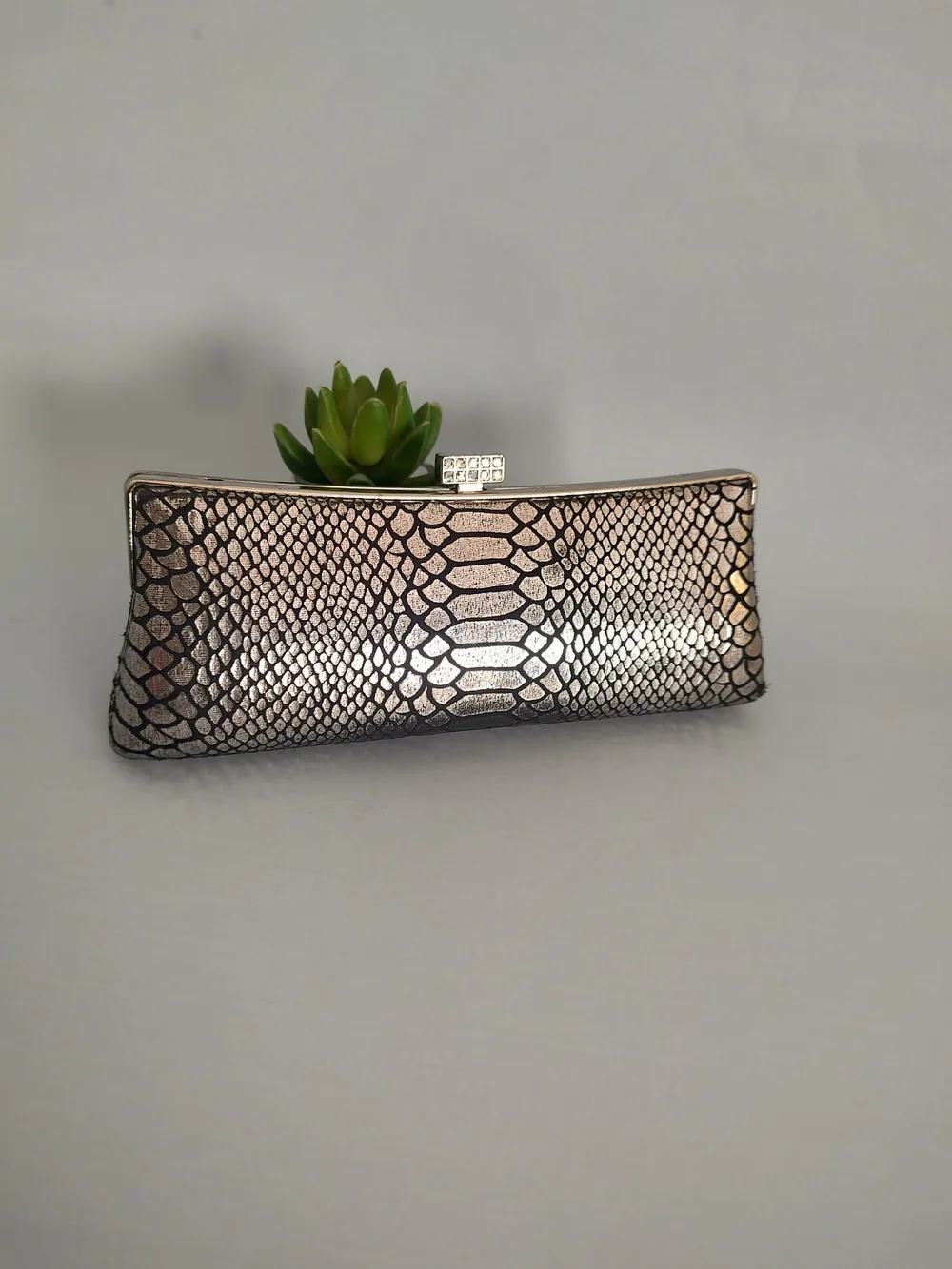 Metallic Snake-Print Evening Clutch with Chain Strap